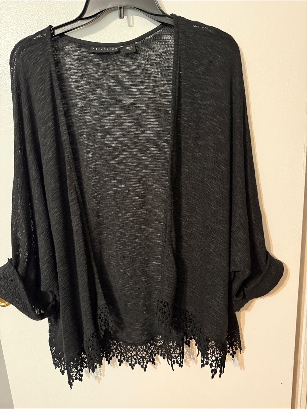 Eileen Fisher Black Sheer Open-Front Cardigan with Crochet Hem